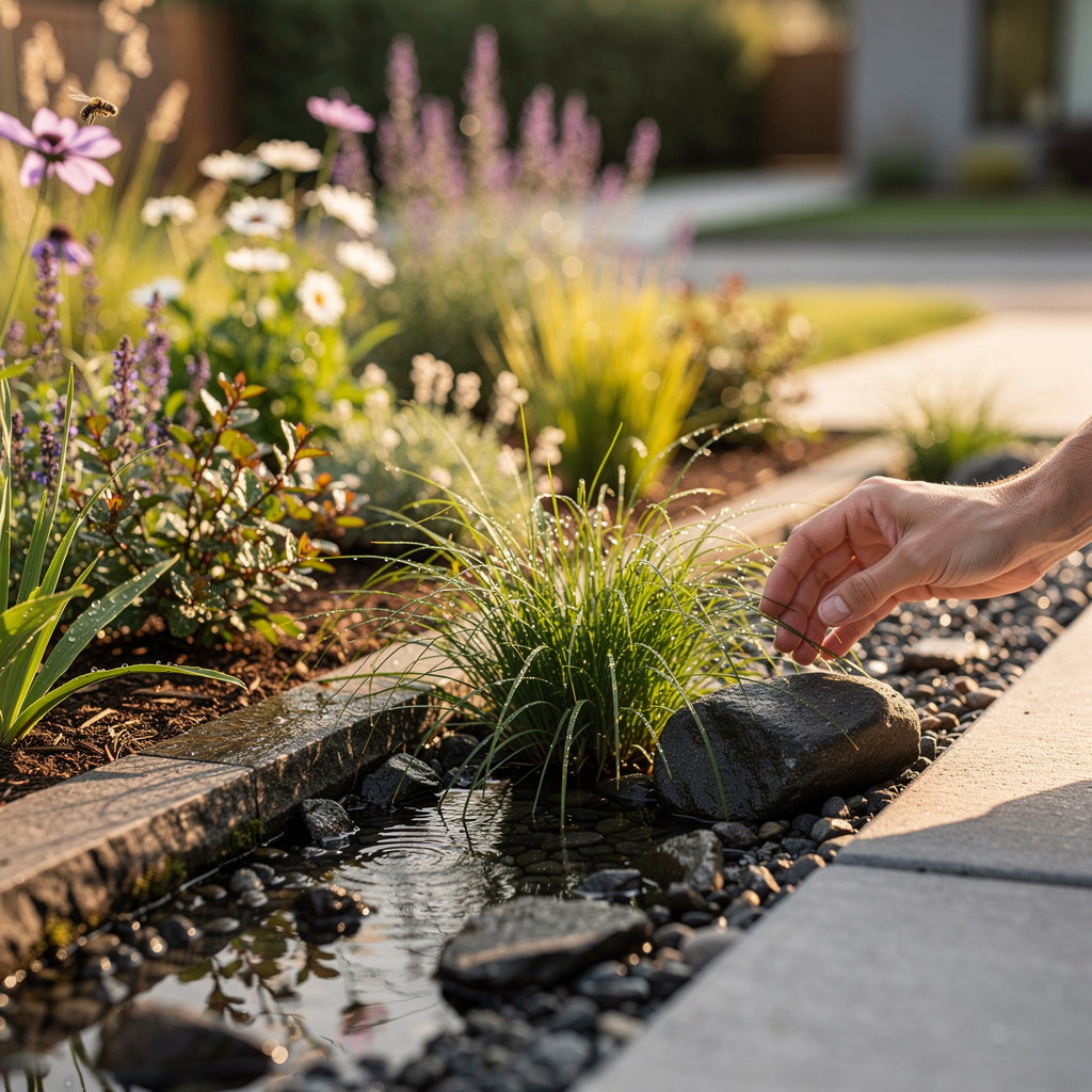 StoneFern Landscapes rain garden with native plants and sustainable water management in Portland